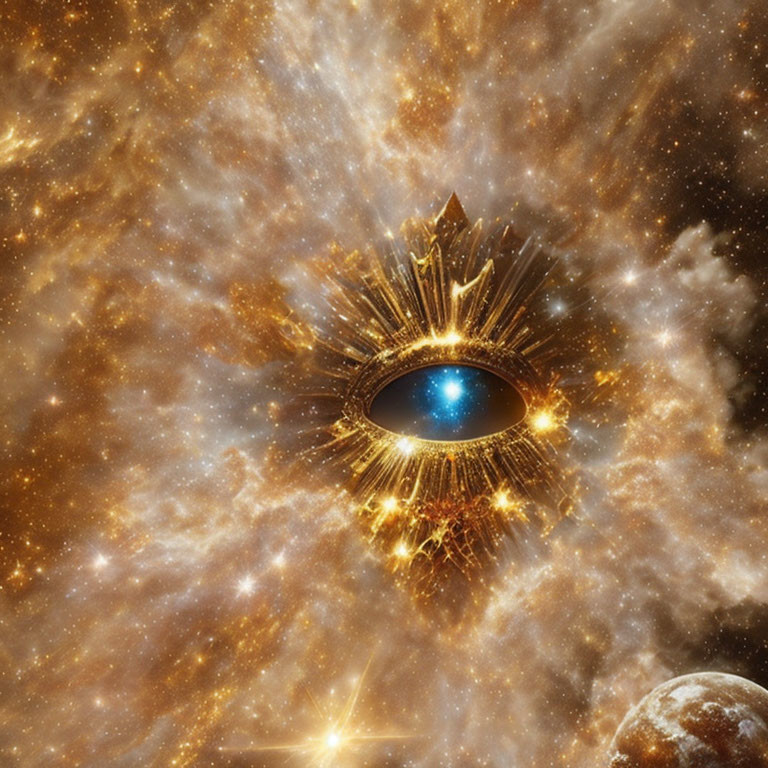 Cosmic eye with blue iris in star-filled nebula and planet.