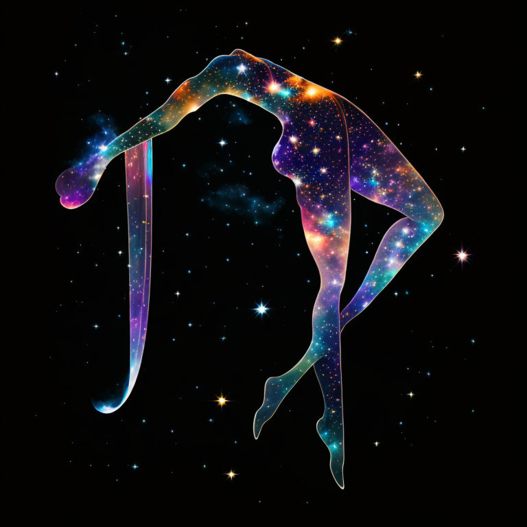 Elegant gymnast silhouette against cosmic star background