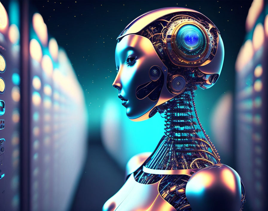 Futuristic female robot with intricate head design against glowing data servers