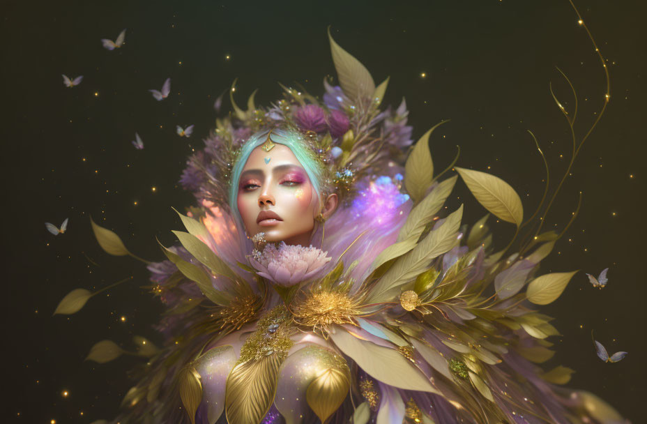 Mystical figure with golden leaves, feathers, and butterflies in soft glow