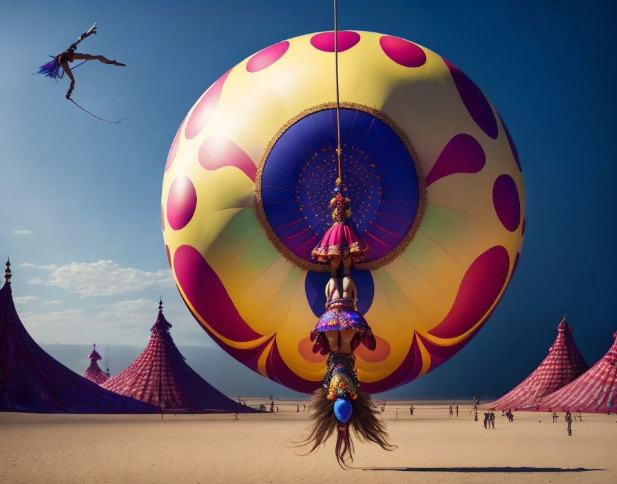 Vibrant hot air balloon over desert with eclectic people and tents