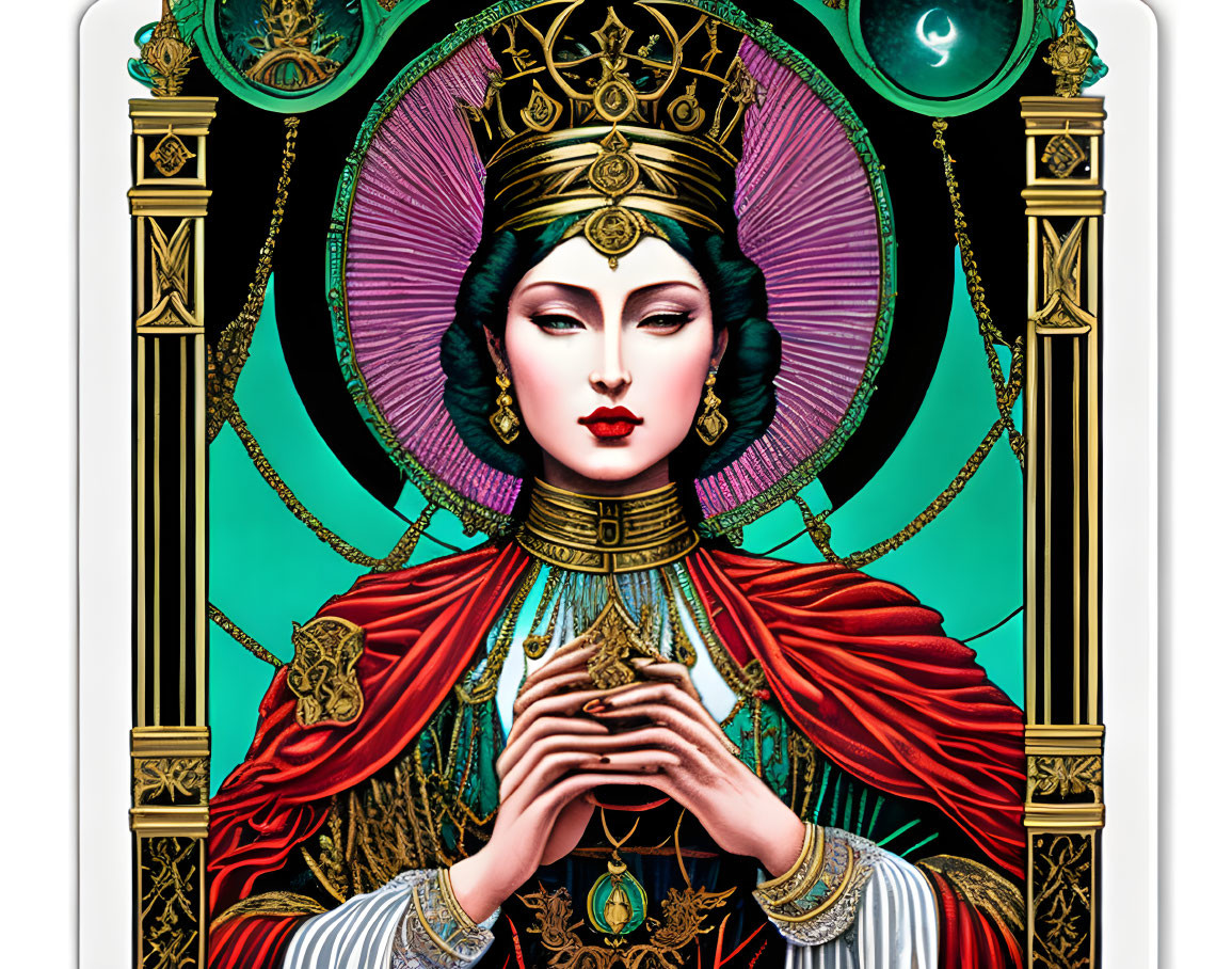 Regal woman with crown and mystical backdrop in tarot card style