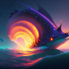 Digital Artwork: Colossal Fish Creature Soaring Over Neon Seascape