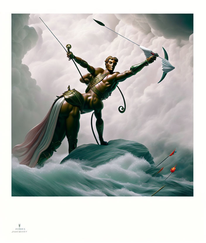 Mythological figure resembling Sagittarius in digital artwork on stormy sea