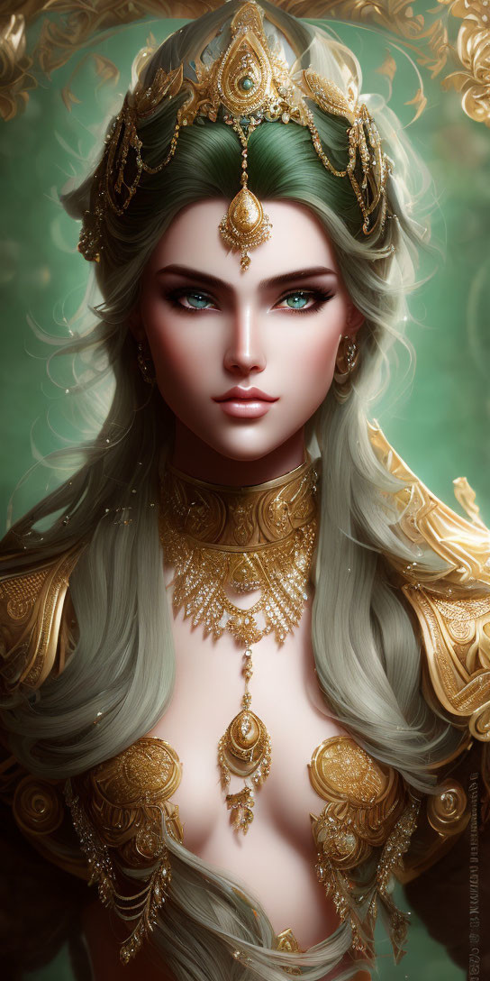 Regal woman with turquoise eyes in gold crown and jewelry