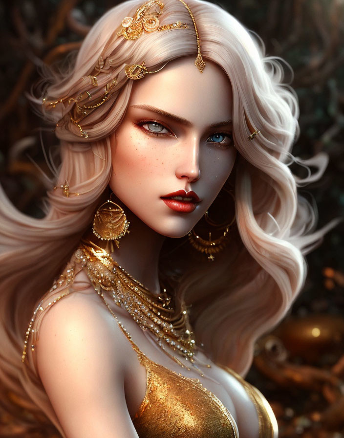 Portrait of Woman with White Wavy Hair and Blue Eyes in Gold Jewelry and Dress