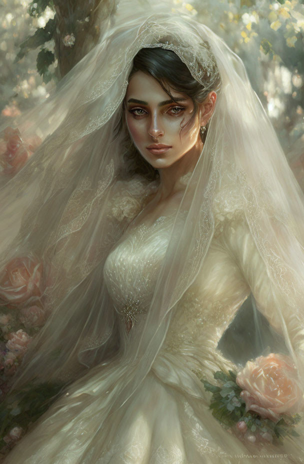 Ethereal bride in detailed lace gown and veil with soft-focus flowers