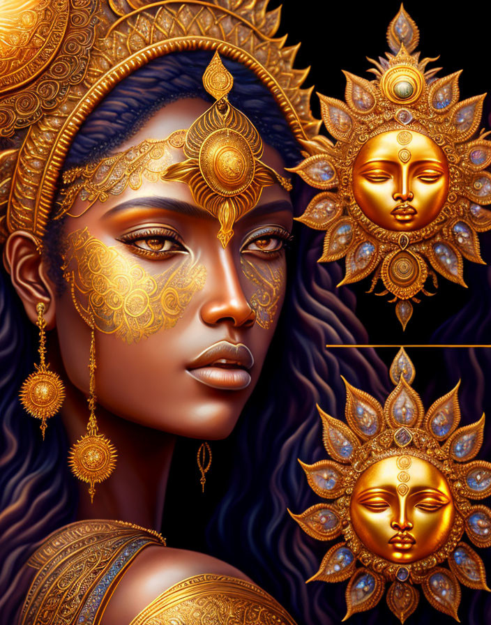 Woman adorned with golden sun-themed jewelry on dark background