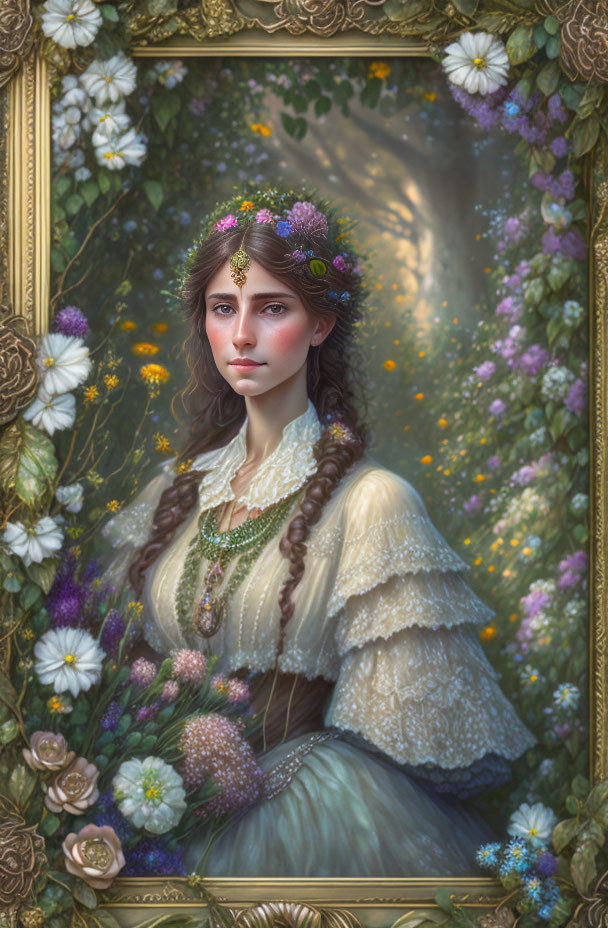 Digital painting of woman with braided hair, floral crown, vintage dress, ornate frame, and