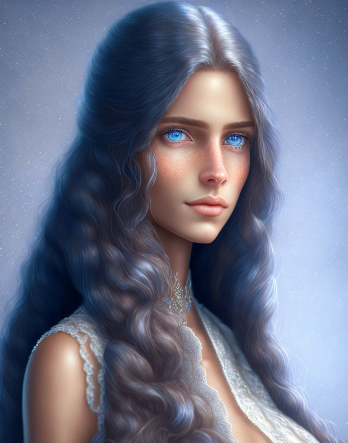 Portrait of woman with blue eyes, wavy blue hair, fair skin, in white garment with star