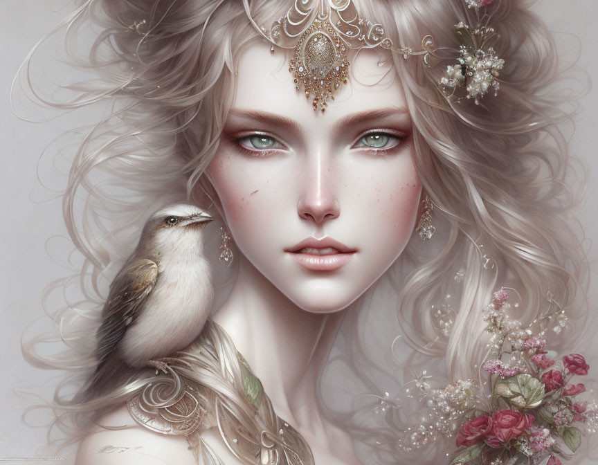 Fantastical woman with white hair, flowers, jewelry, and bird.