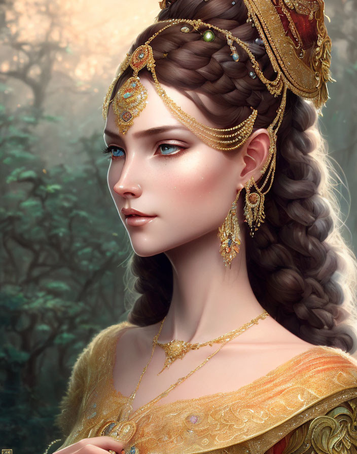 Detailed Illustration of Woman in Gold Jewelry and Rich Attire in Forest