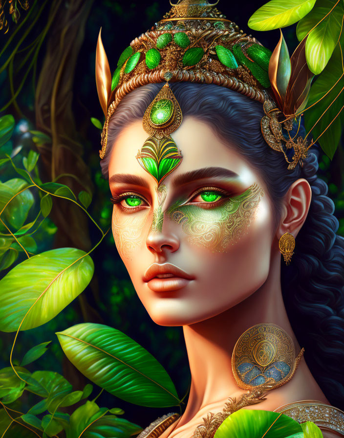 Woman with ornate green and gold makeup as forest queen with peacock feather motifs surrounded by lush leaves