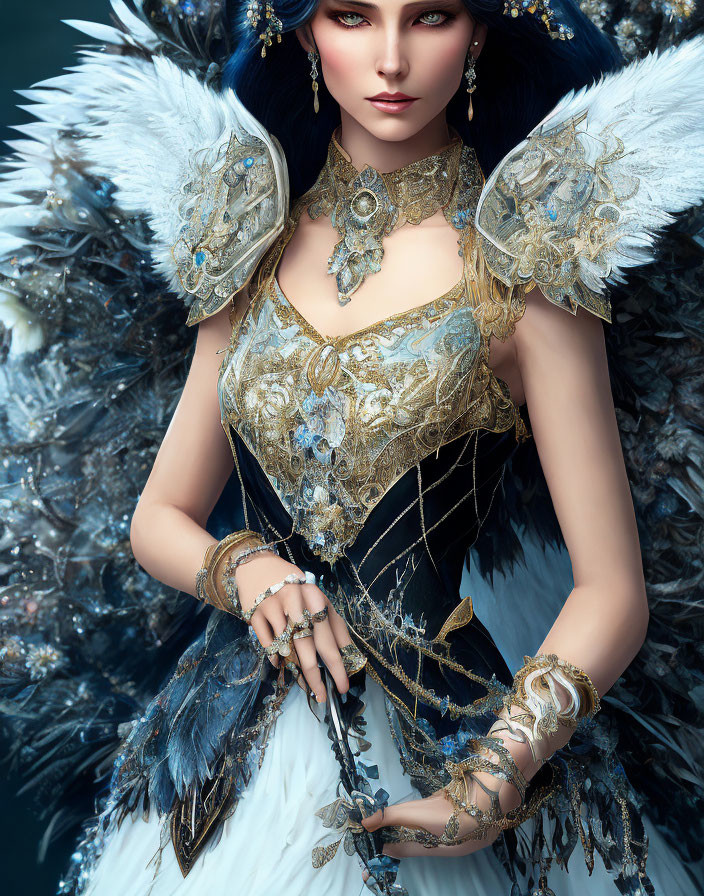 Fantasy-themed female character in ornate gold and white armor with feathered details and a dark wand