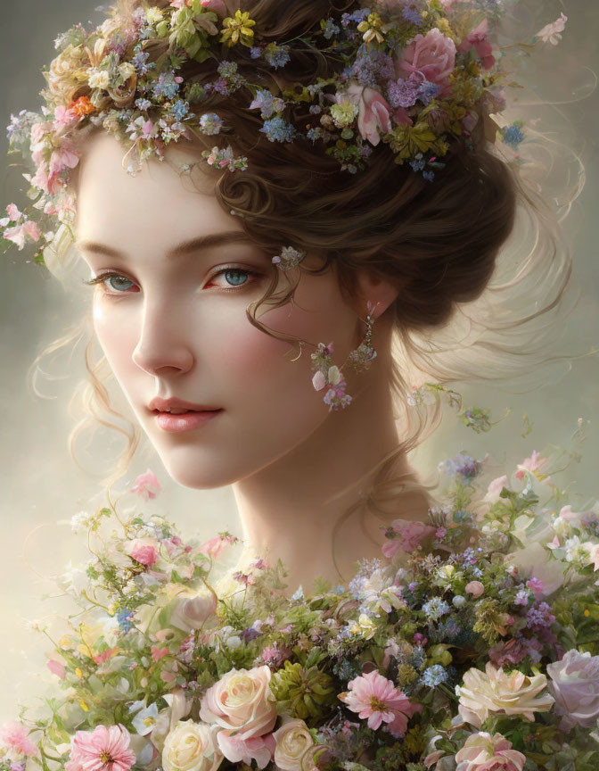 Portrait of woman with floral crown and serene blue eyes