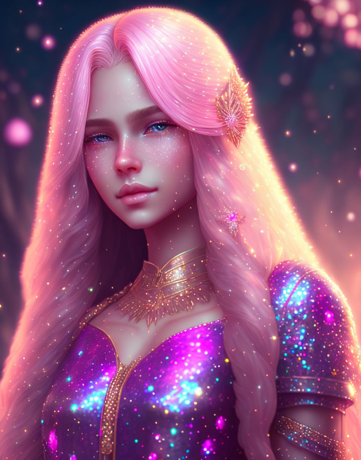 Whimsical digital artwork: Female character with long pink hair in colorful, magical setting