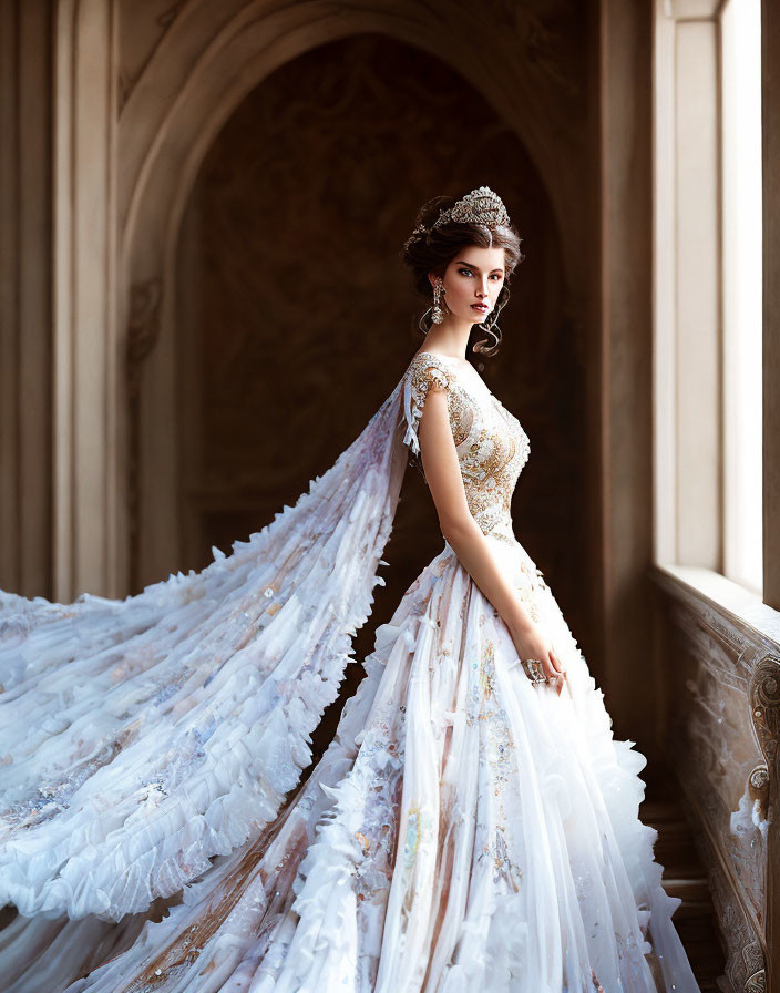 Elegant woman in white gown with tiara in classic architecture