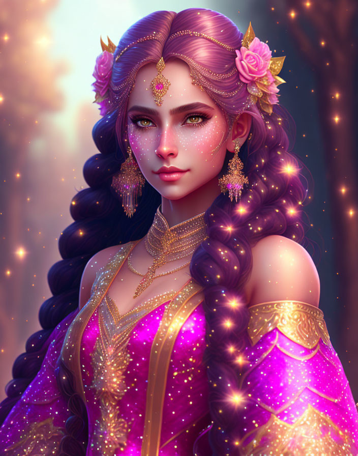 Detailed illustration of woman in gold jewelry, pink outfit, purple hair & flowers