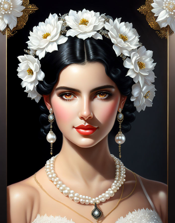 Portrait of Woman with Dark Hair and White Flower Crown