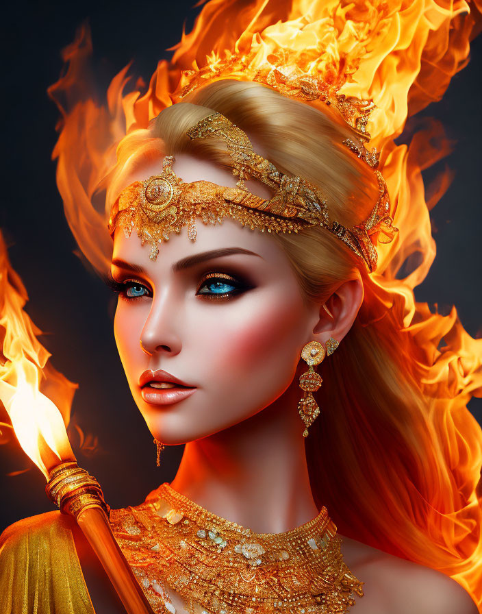 Fantasy portrait of woman with golden jewelry, crown, blue eyes, flames, and torch