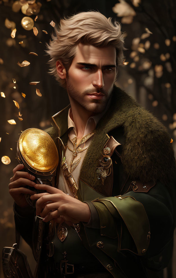 Stylized illustration of man with silver hair holding golden object