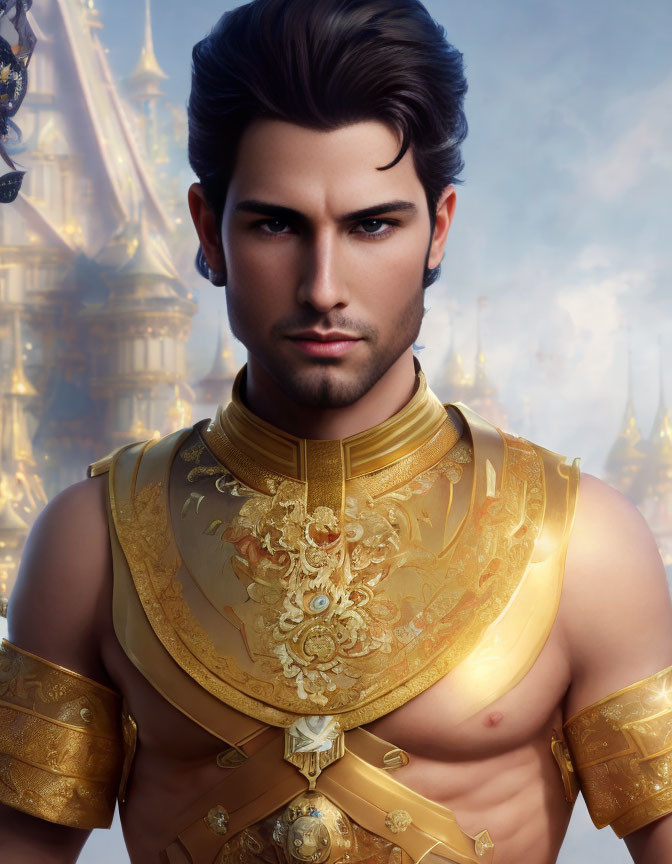 Dark-haired man in golden armor against architectural backdrop