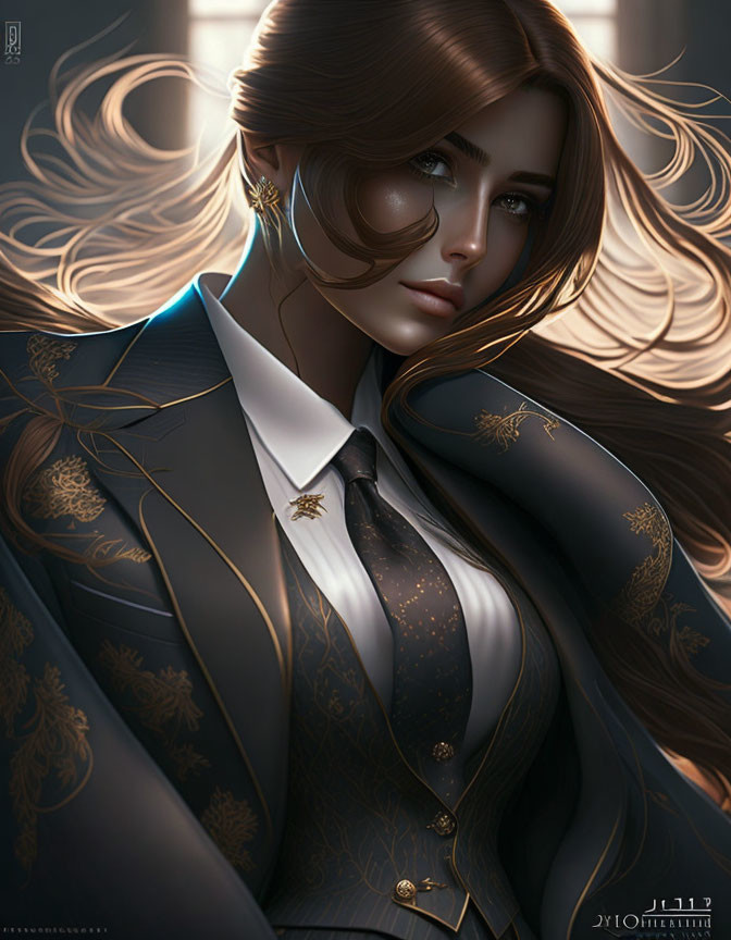 Illustrated female character with flowing brown hair and piercing eyes in ornate dark suit with gold accents