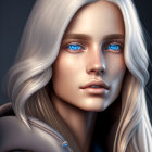 Platinum Blonde Hair Person in Gray Hoodie with Blue Eyes