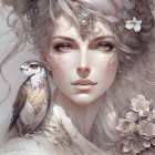 Fantastical woman with white hair, flowers, jewelry, and bird.