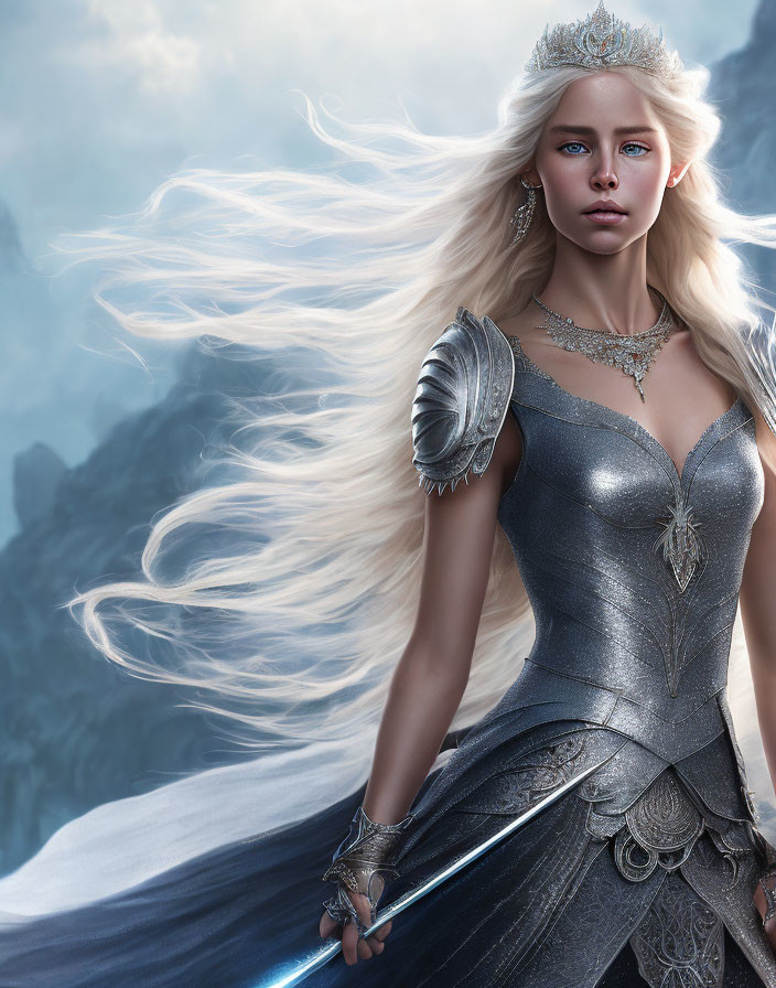 Fantasy warrior woman with white hair in silver armor