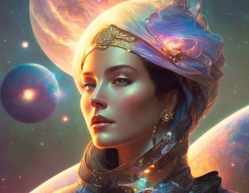 Regal woman in jeweled attire amid cosmic sky