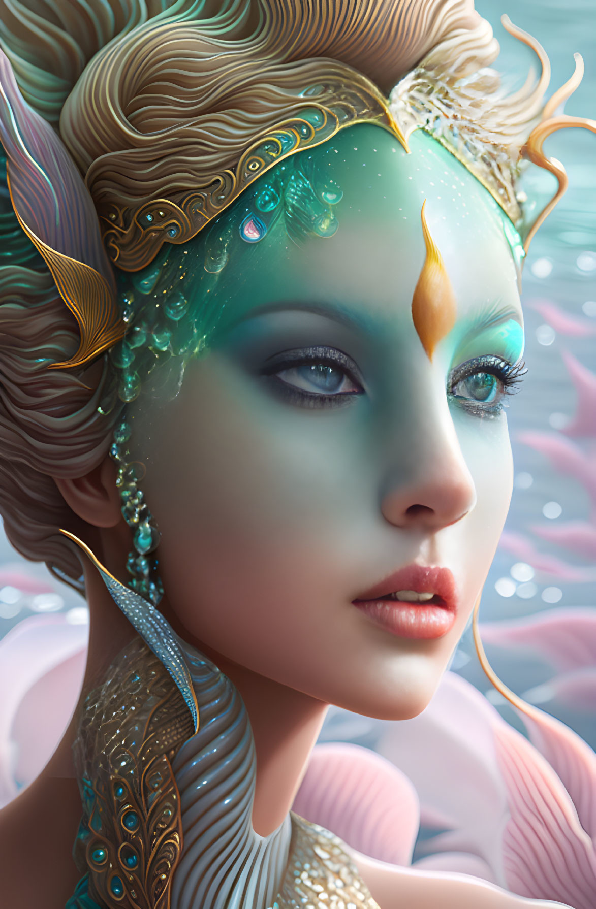 Digital artwork: Woman with turquoise skin, golden headpiece, feather earrings, serene expression, soft feathers