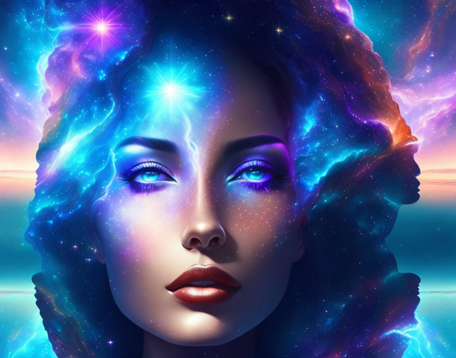 Cosmic-themed digital art portrait of a woman merging with starry nebula background