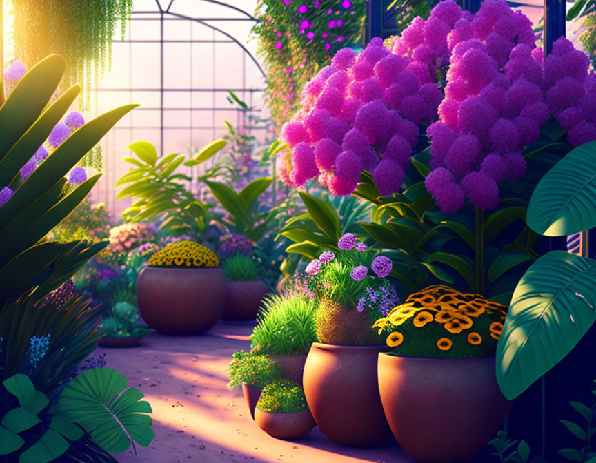 Lush greenhouse with potted plants in warm sunlight