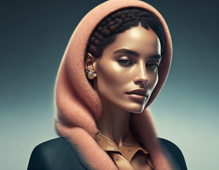 Digital portrait: Woman with braided hair, peach hood, prominent cheekbones, and earring