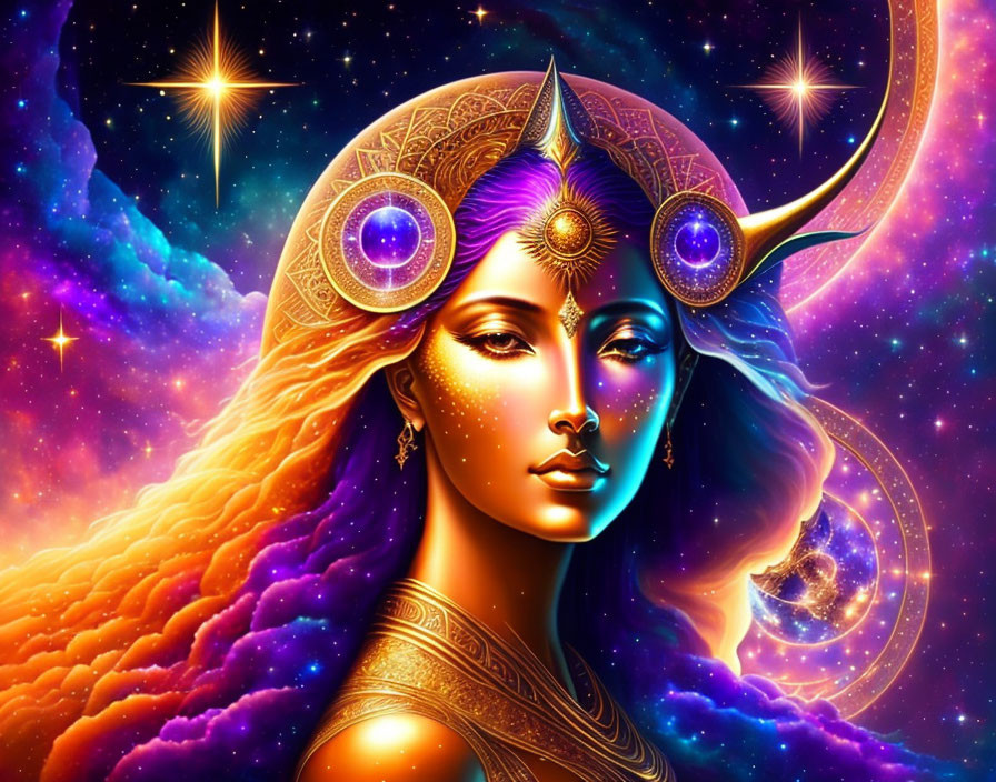 Illustration: Woman with Purple Eyes and Crescent Moon in Cosmic Space