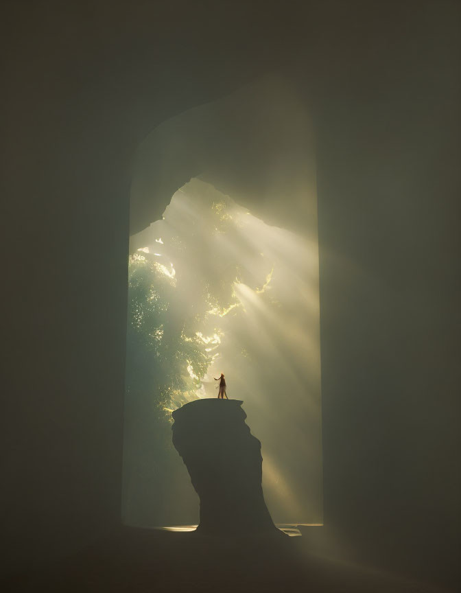 Person standing on rock pillar in cave entrance with sunlight and mist.