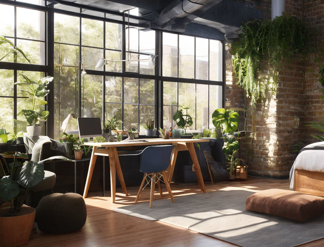 Sunny loft-style office with brick walls, large windows, plants, desk, seating area