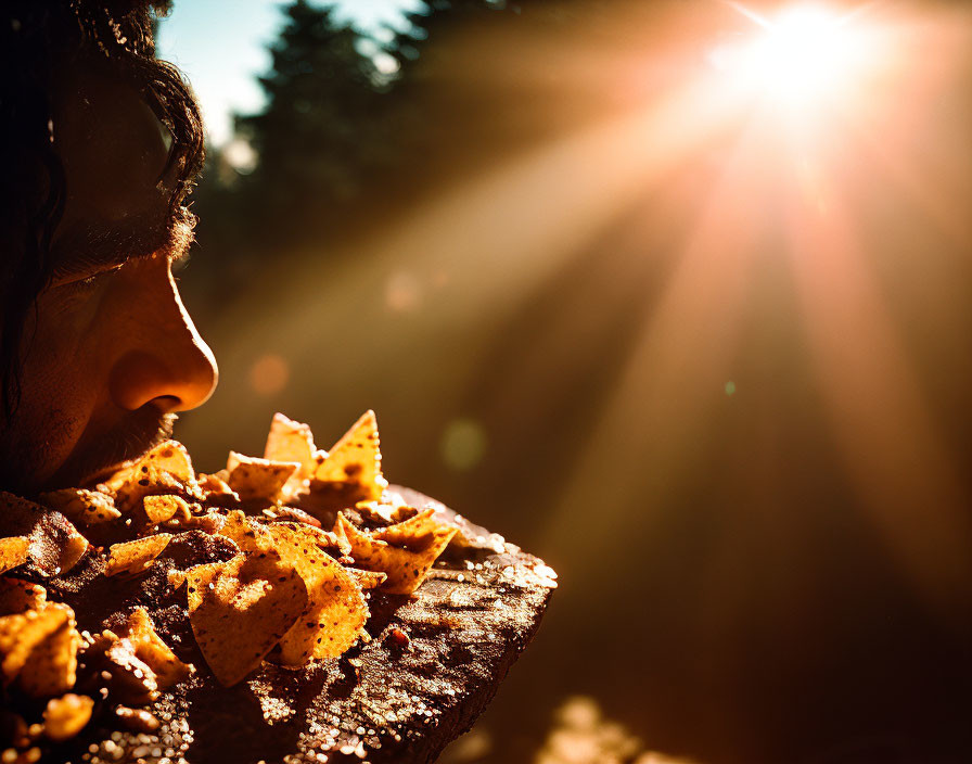 Person's Profile Illuminated by Sunlight Holding Nachos