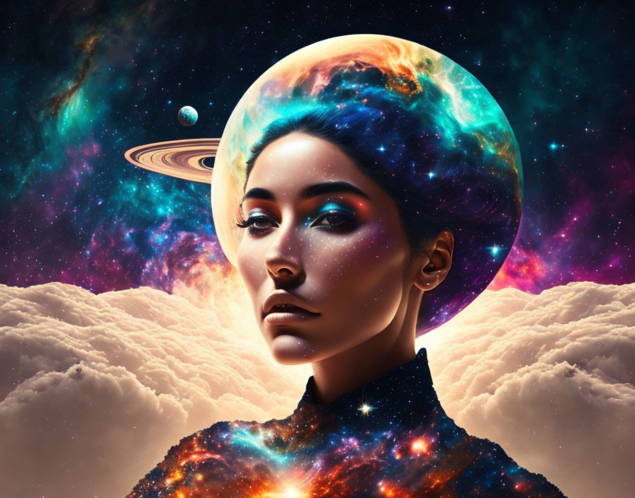 Cosmic surreal portrait blending woman's face with vibrant nebulas and planets