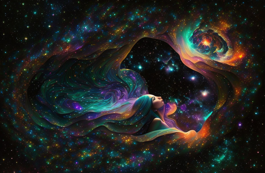 Illustration: Woman with flowing hair in cosmic background.