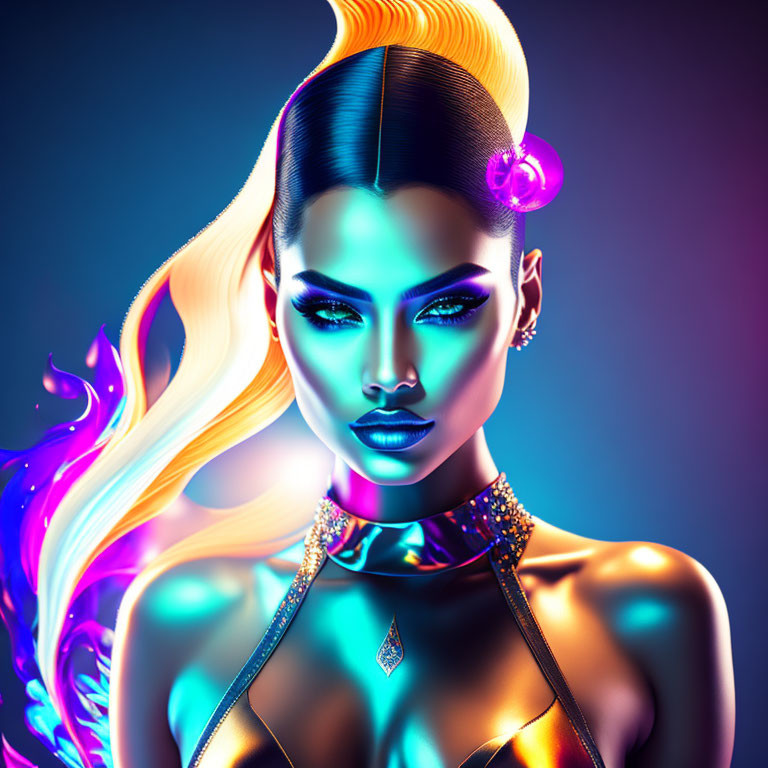 Colorful digital artwork: Woman with multicolored hair and futuristic attire on neon-lit background