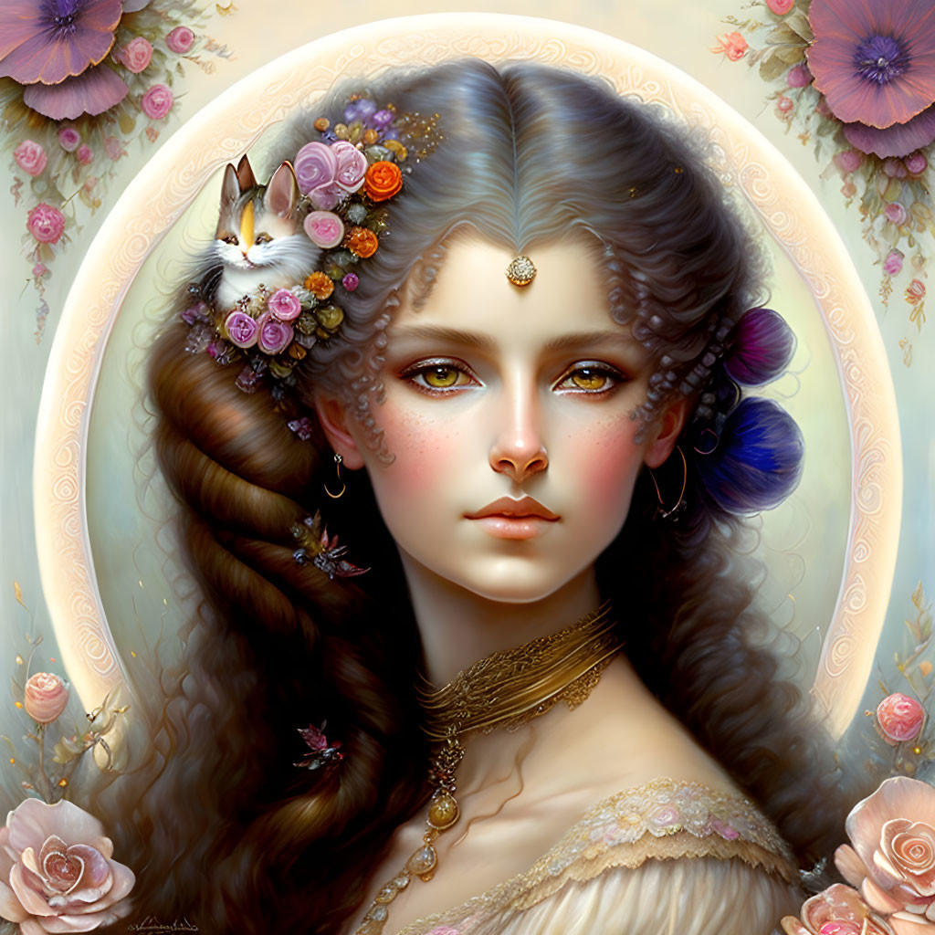 Detailed portrait of woman with flowers, cat in hair, intricate jewelry on cream and floral backdrop