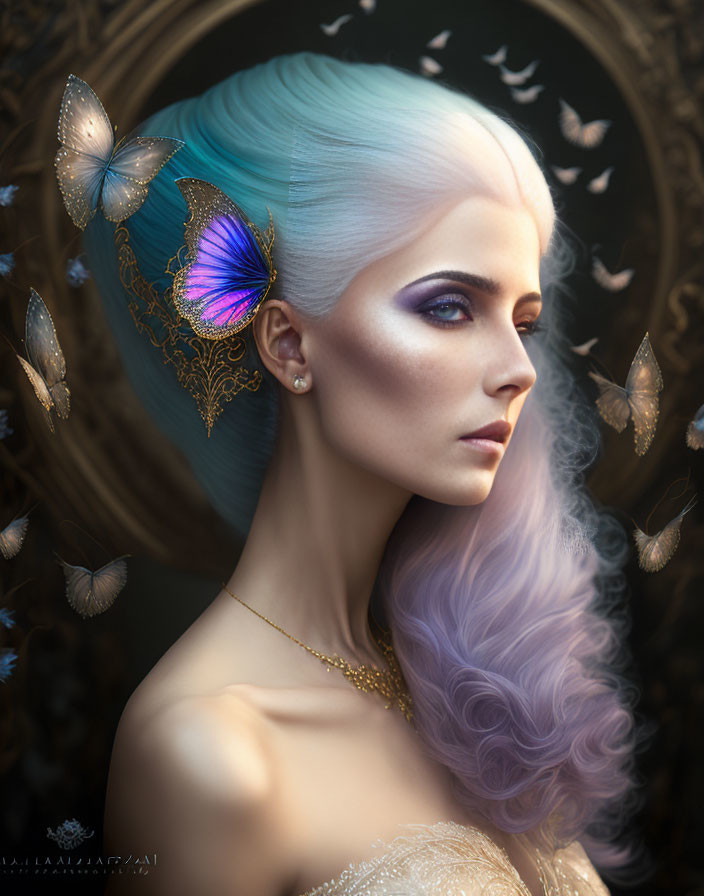 Blue and Purple Haired Woman with Butterflies on Dark Ornate Background