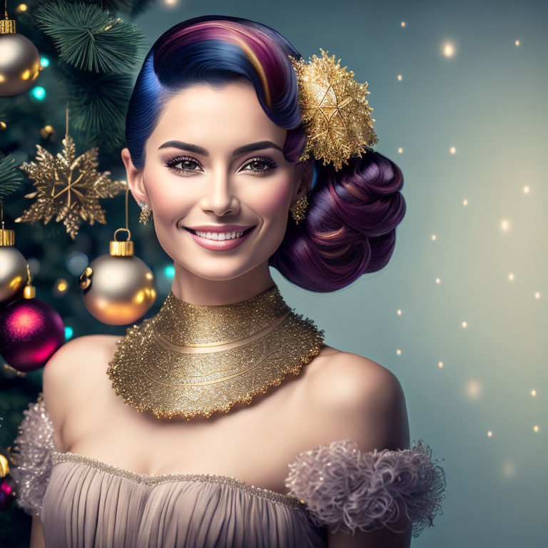 Colorful Hair Lady with Snowflake Accessory in Festive Setting