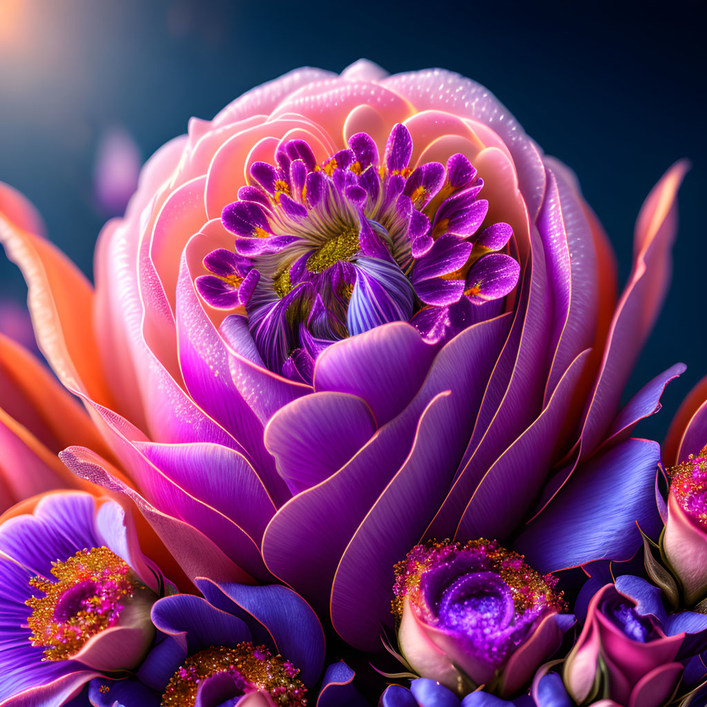 Close-up of vibrant purple flower with intricate petals on dark blue background