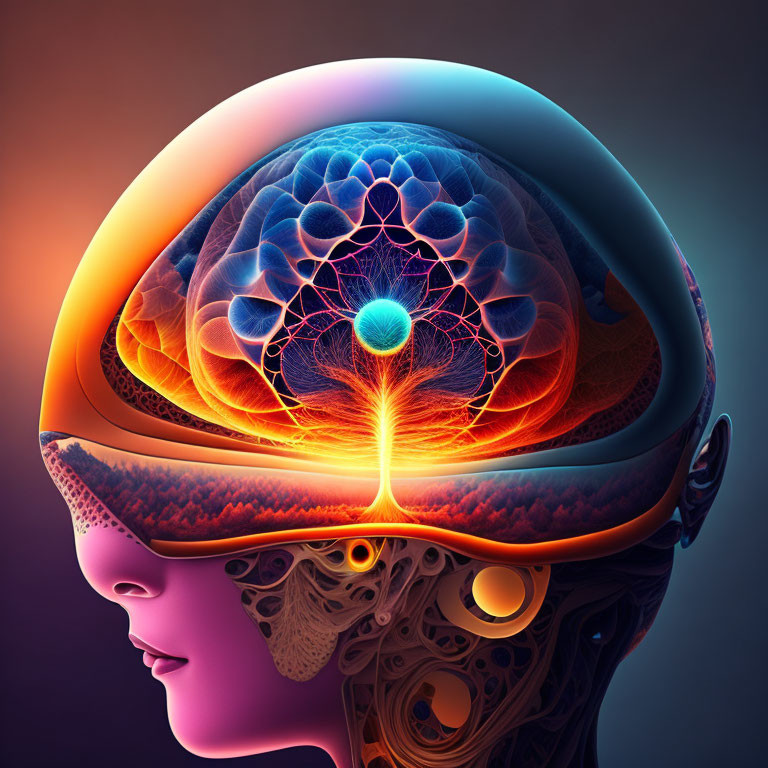 Colorful Human Head Artwork with Brain and Neural Networks on Dark Background