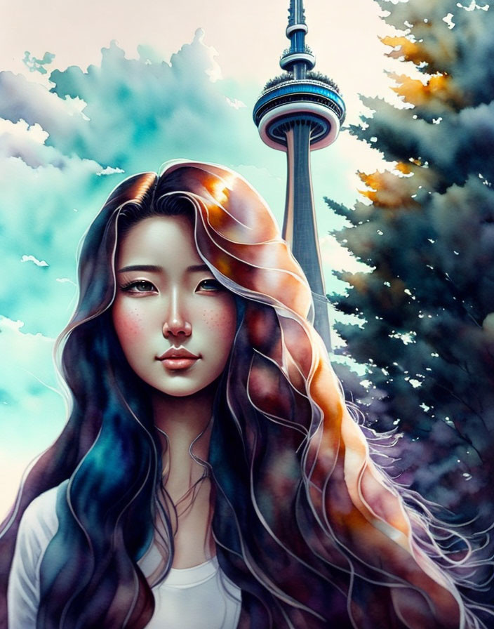 Colorful portrait of a woman with multicolored hair, CN Tower backdrop, vibrant clouds.