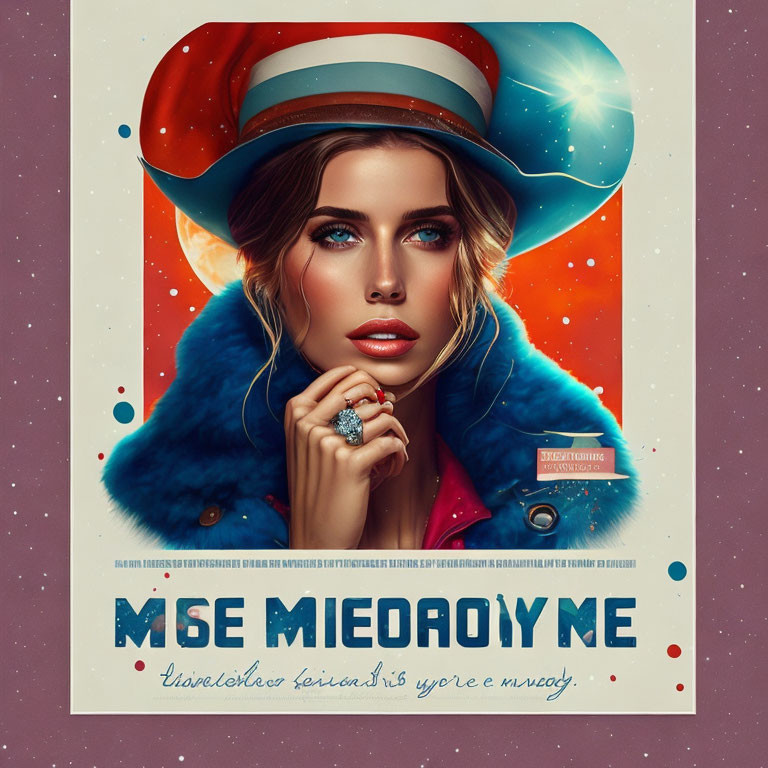 Stylized portrait of woman with blue eyes, red hat, ring, and fur collar on star