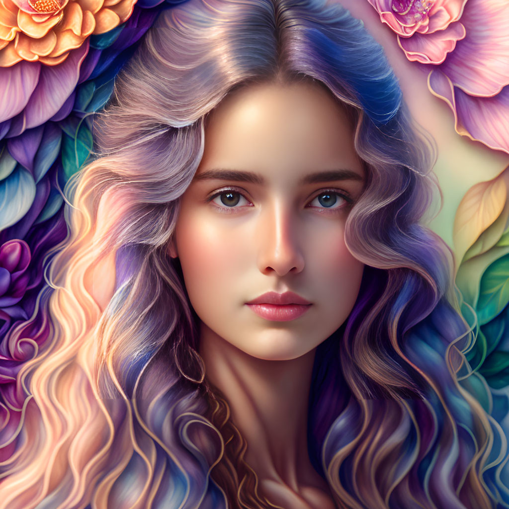 Vibrant digital artwork: Woman with pastel hair and stylized flowers